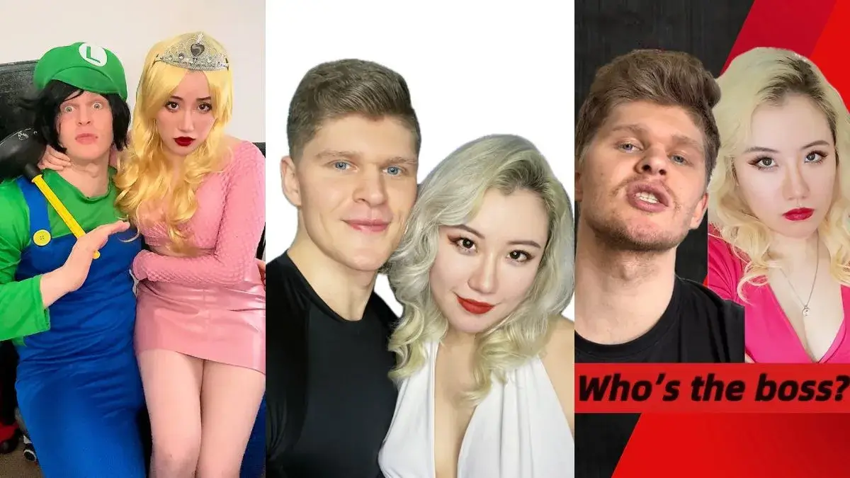 CathyCatBaoBao (Catherine “Cathy” Tian) and AllThingsMin (Minvydas Vegele) in a 3-panel collage from their couple comedy series TheMinCatShow