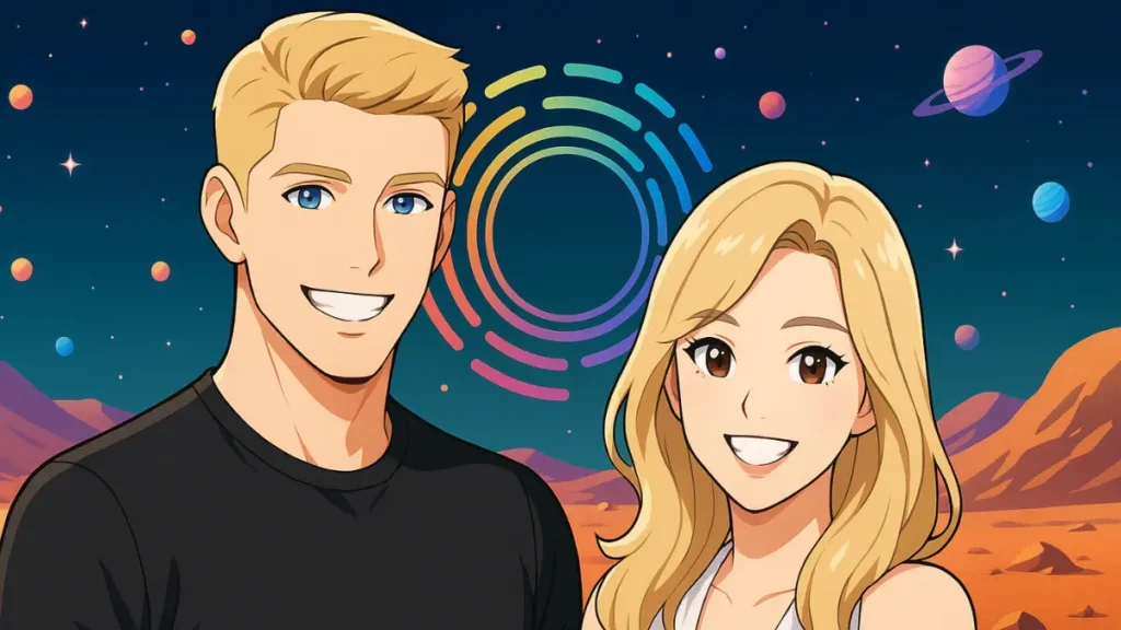 Allthingsmin and CathyCatBaoBao from TheMinCatShow smiling on a cosmic creator landscape - representing the top benefits of Reinbow App for livestreamers in 2025