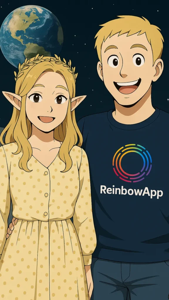 Anime-style illustration of TheMinCatShow couple, Allthingsmin and CathyCatBaoBao, standing on the moon with Earth in the background and Reinbow App logo on shirt