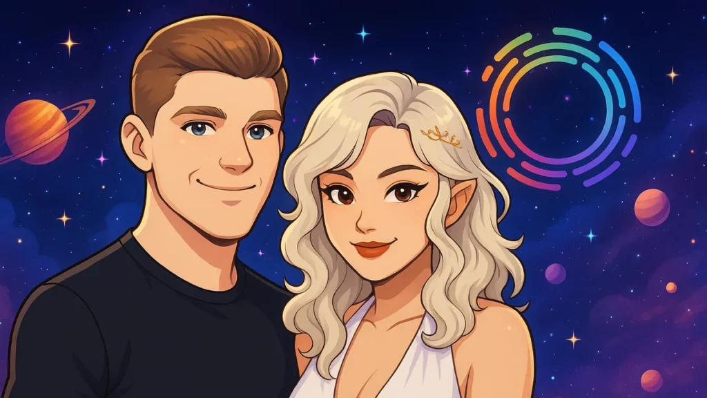 Allthingsmin and CathyCatBaoBao from TheMinCatShow - illustrated in a cosmic anime style - highlighting Reinbow's potential for creator monetization and live streaming success.