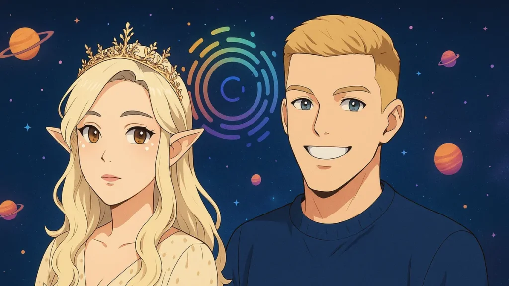 Allthingsmin and CathyCatBaoBao from TheMinCatShow - illustrated in a cosmic anime style - representing Reinbow's creative and transparent live streaming platform.