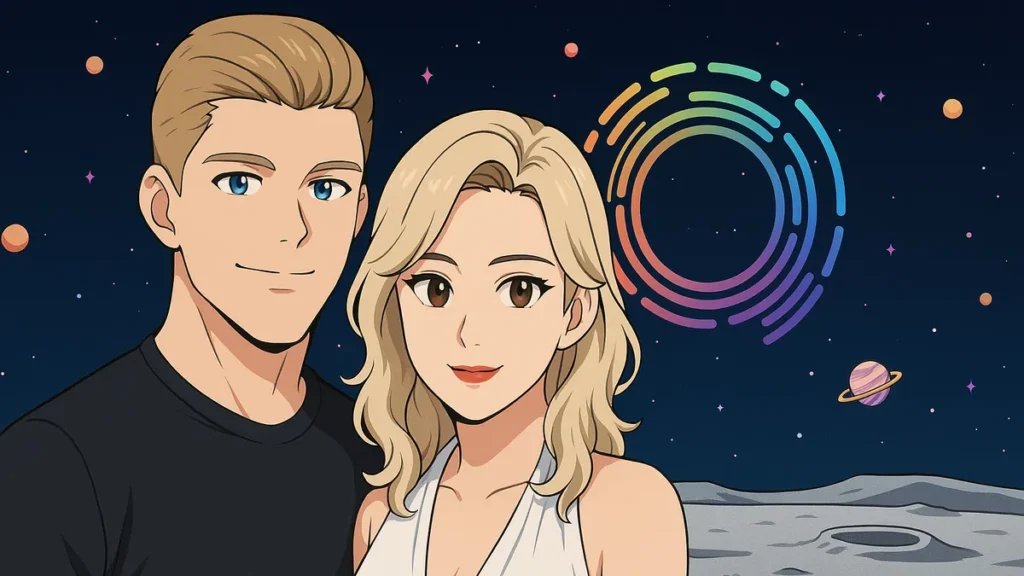 Allthingsmin and CathyCatBaoBao from TheMinCatShow - anime-style couple on a cosmic backdrop - highlighting Reinbow's live streaming tools for small creators in 2025