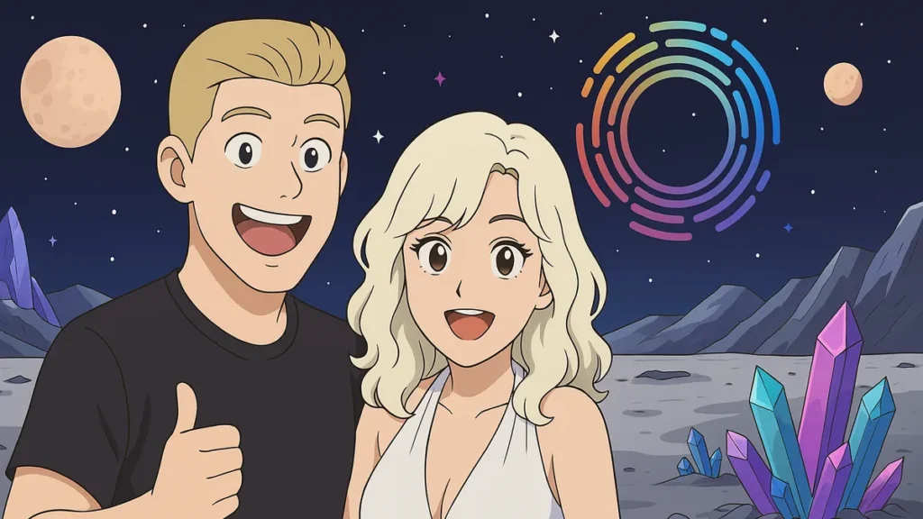 Allthingsmin and CathyCatBaoBao from TheMinCatShow - anime-style cosmic scene with crystals - showcasing how Reinbow simplifies live streaming in 2025