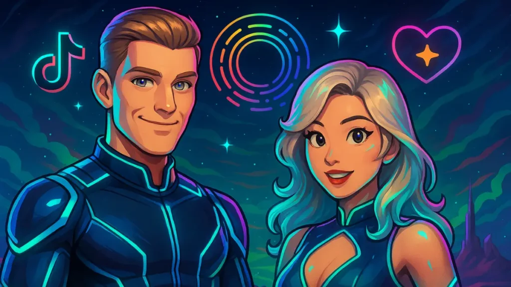 Allthingsmin and CathyCatBaoBao from TheMinCatShow in futuristic suits representing TikTok, Reinbow App, and Favorited - showcasing the top mobile streaming platforms for creators in 2025